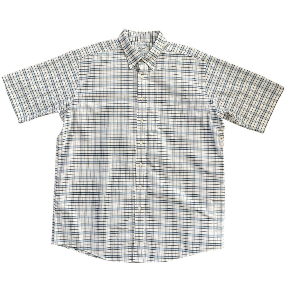 LL Bean Mens Button Down Blue Plaid Traditional Fit Short Sleeve 17 1/2 tall